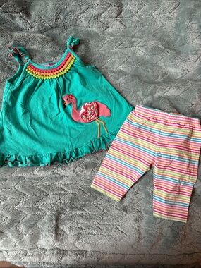 Good Lad Teal Flamingo Top with Rainbow Crochet Trim